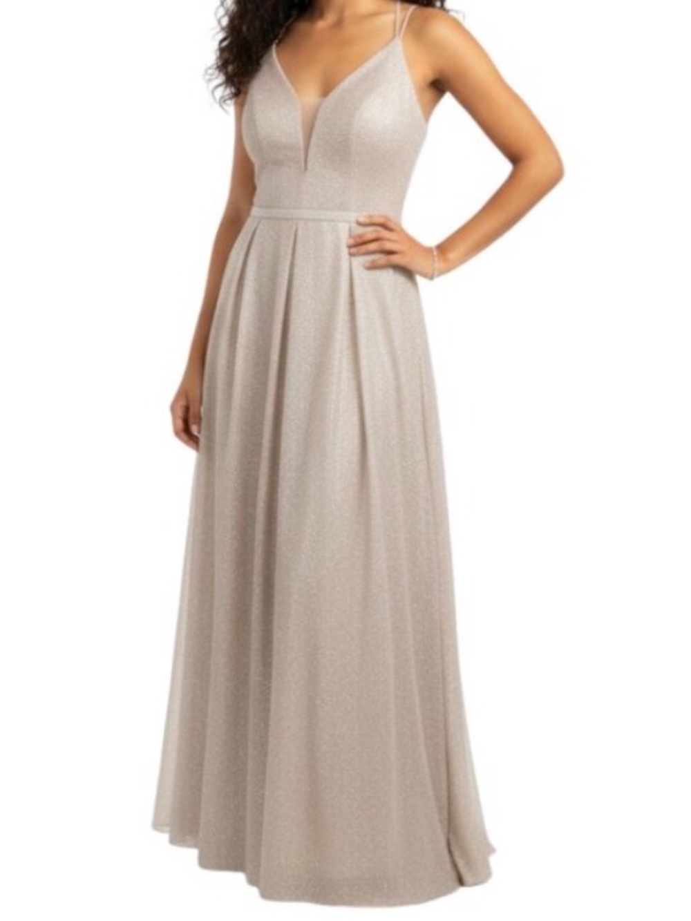 Elegant V-Neck Beige Maxi Dress with Spaghetti Straps
